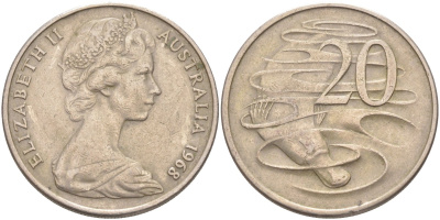 Австралия 20 центов 1968 Елизавета II (1952-2022), утконос KM 66 медно-никель 4512-616