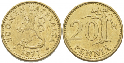 ФИНЛЯНДИЯ 20 ПЕННИ 1977 K KM 47 алюминиевая бронза 3718-635