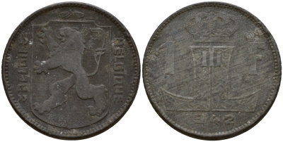 Бельгия 1 франк 1942 Belgique - Belgie, Леопольд III (1934-1947), германская оккупация, Вторая мировая война KM 127 цинк 4161-441