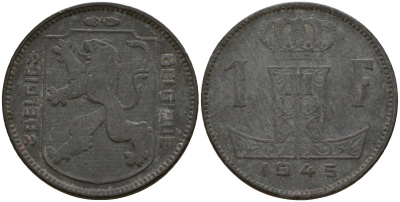 Бельгия 1 франк 1945 Belgie - Belgique, Леопольд III (1934-1947), германская оккупация, Вторая мировая война KM 128 цинк 4161-552