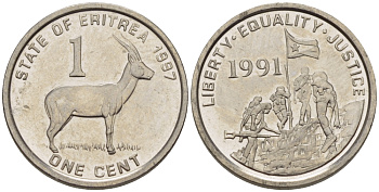 Эритрея 1 цент 1997 краснолобая антилопа KM 43 сталь плакированная никелем UNC 66-742