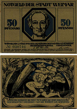 ВЕЙМАР, ГЕРМАНИЯ 50 ПФЕННИГОВ 1921 НОТГЕЛЬД, ЗЕМЛЯ ТЮРИНГИЯ, 1 МАРТА 1921, ГОЛУБАЯ ARNOLD KELLER 1398.5 бумага UNC (ПРЕСС) 7551-34-2-2