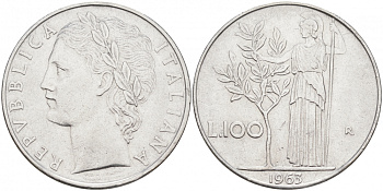 ИТАЛИЯ 100 ЛИР 1963 R АФИНА KM 96.1 сталь 3855-743