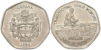 Гайана 10 долларов 1996 KM 52 сталь плакированная никелем 4121-532