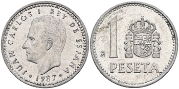 Испания 1 песета 1987 M, Хуан Карлос I (1975-2014) KM 821 алюминий 4402-1044