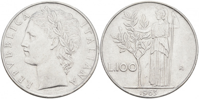 ИТАЛИЯ 100 ЛИР 1963 R АФИНА KM 96.1 сталь 3855-743