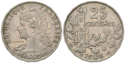 Франция 25 сантимов 1904 KM 856 никель 113-635