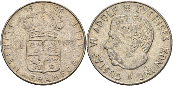 Швеция 1 крона 1966 U, Густав VI Адольф (1950-1973) KM 826 серебро 4150-211