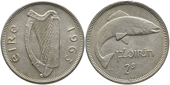 ИРЛАНДИЯ 1 ФЛОРИН = 2 ШИЛЛИНГА 1963 ЛОСОСЬ KM 15а медно-никель 4531-822