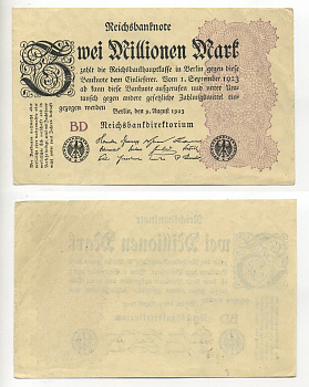 Германия 2000000 марок 1923 9 августа 1923, водяной знак L, серия BD Pick 104 b, Rosenberg 103 c бумага 7217-37-1