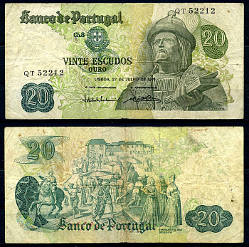 Португалия 20 эскудо 1971 27 июля 1971, Гарсия Де Орта, signatures: Jos? da Silva Lopes & Abel Ant?nio Pinto dos Reis Pick 173(3) бумага 7204-1-2-2