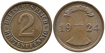 ГЕРМАНИЯ 2 РЕНТЕНПФЕННИГА 1924 A KM 31, J. 307 бронза 24-611
