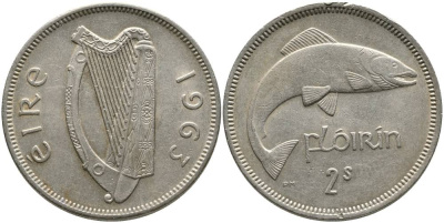 ИРЛАНДИЯ 1 ФЛОРИН = 2 ШИЛЛИНГА 1963 ЛОСОСЬ KM 15а медно-никель 4531-822