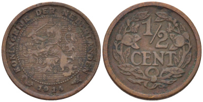 НИДЕРЛАНДЫ 1/2 ЦЕНТА 1914 ВИЛЬГЕЛЬМИНА (1890-1948) KM 138 бронза 39-163