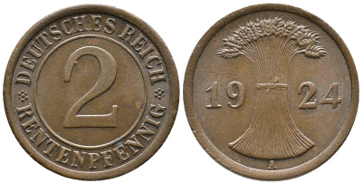 ГЕРМАНИЯ 2 РЕНТЕНПФЕННИГА 1924 A KM 31, J. 307 бронза 24-611