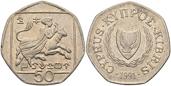 Кипр 50 центов 1991 похищение Европы KM 66 медно-никель 4141-1226