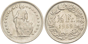 Швейцария 1/2 франка 1969 В KM 23а.1 медно-никель 4532-1042