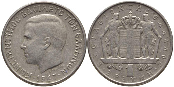 ГРЕЦИЯ 1 ДРАХМА 1967 КОНСТАНТИН II (1964-1973) KM 89 медно-никель 4523-933