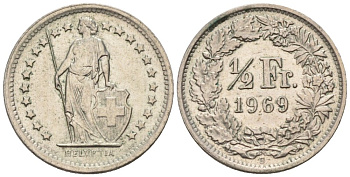 Швейцария 1/2 франка 1969 В KM 23а медно-никель 4576-936