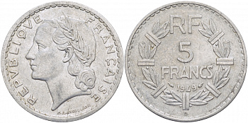 Франция 5 франков 1949 В, тип Лаврийе KM 888b.2, LE FRANC 339.19 алюминий 4403-226
