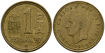 Испания 1 песета 1980 Чемпионат мира по футболу в Испании 1982 года, Хуан Карлос I (1975-2014) KM 816 алюминиевая бронза 4176-422