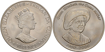 Тристан-да-Кунья 50 пенсов 2000 100 лет со дня рождения Королевы Матери KM 10 медно-никель UNC 4125-713