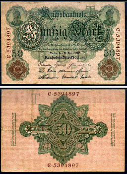 Германия 50 марок 1910 Pick 41 бумага 7191-46-2-2
