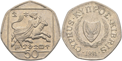 Кипр 50 центов 1991 похищение Европы KM 66 медно-никель 4141-1226