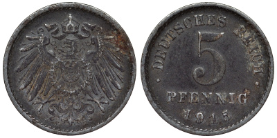 Германия 5 пфеннигов 1915 E KM 19, J. 297, Weege 5 железо 4118-1041