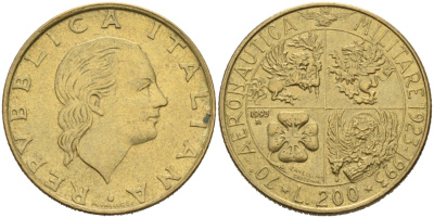 Италия 200 лир 1993 R, 70 ЛЕТ ВОЕННОЙ АВИАЦИИ KM 155 алюминиевая бронза 4573-825