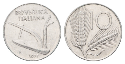 Италия 10 лир 1977 R, колосья, плуг KM 93 алюминий UNC 4606-657