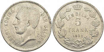 БЕЛЬГИЯ 5 ФРАНКОВ 1932 BELGEN KM 98 никель 114-832