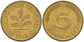 ФРГ 5 ПФЕННИГОВ 1991 J KM 107, J. 382 сталь плакированная латунью 75-521