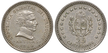 Уругвай 25 сентесимо 1960 KM 40 медно-никель 4169-856