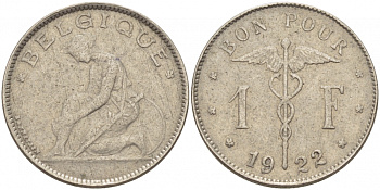 Бельгия 1 франк 1922 Belgique, Альберт I (1910-1934) KM 89 никель 261-957