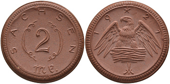Саксония 2 марки 1921 J. N 56 фарфор 1094-1-23