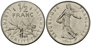 Франция 1/2 франка 1991 сеятель KM 931 никель 4135-737