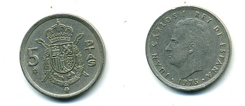 Испания 5 песет 1975 (80) Хуан Карлос I (1975-2014) KM 807 медно-никель 54-1247