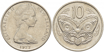 Новая Зеландия 10 центов 1977 Елизавета II (1952-2022), маска маори KM 41.1 медно-никель 212-1137
