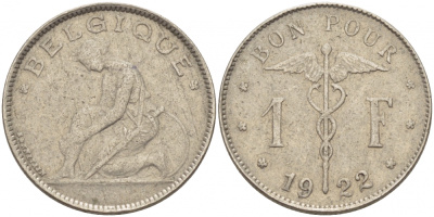 Бельгия 1 франк 1922 Belgique, Альберт I (1910-1934) KM 89 никель 261-957