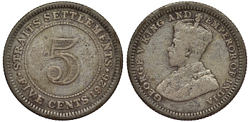 Стрейтс-Сетлментс 5 центов 1926 Георг V (1910-1936) КМ 36 серебро 53-528