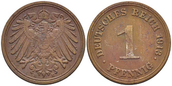 ГЕРМАНИЯ 1 ПФЕННИГ 1913 E KM 10, J. 10, Weege 2 медь 206-422