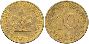 ФРГ 10 пфеннигов 1976 G KM 108, J. 383 сталь плакированная латунью 58-536
