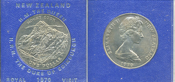 Новая Зеландия 1 доллар 1970 гора Кука, Аораки, Елизавета II (1952-2022), в оригинальной пластиковой упаковке KM 42 медно-никель UNC 06-059-1