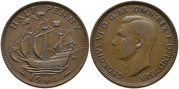 Великобритания 1/2 пенни 1941 Георг VI (1936-1952) KM 844, Spink 4115 бронза 60-1135