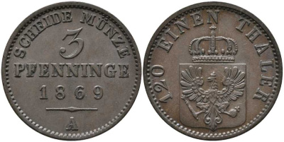 ПРУССИЯ 3 ПФЕННИГА 1869 А, ВИЛЬГЕЛЬМ I (1861-1888) KM 482 медь 4448-1123