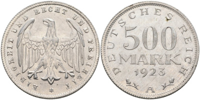 Германия 500 марок 1923 А KM 36, J.305 алюминий UNC 4574-841