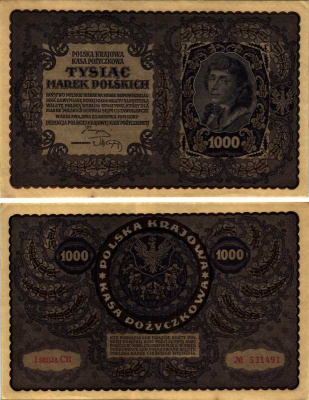 ПОЛЬША 1000 МАРОК 1919 23 АВГУСТА 1919, ТРЕТИЙ ВЫПУСК, ТАДЕУШ КОСТЮШКО Pick 29 бумага XF 7487-44-1