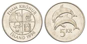 Исландия 5 крон 1996 дельфины KM 28a сталь плакированная никелем UNC 4586-142