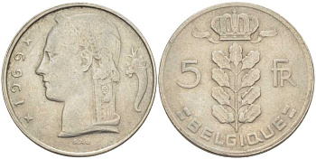 БЕЛЬГИЯ 5 ФРАНКОВ 1969 BELGIQUE, БОДУЭН I (1951-1993) KM 134.1 медно-никель 202-1245